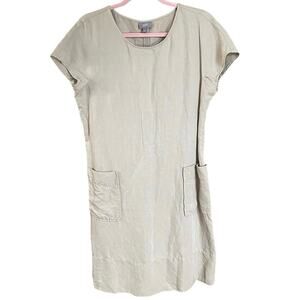 J.Jill Silk Linen Blend Shift Dress Beige Short Sleeve Pockets Minimalist Small